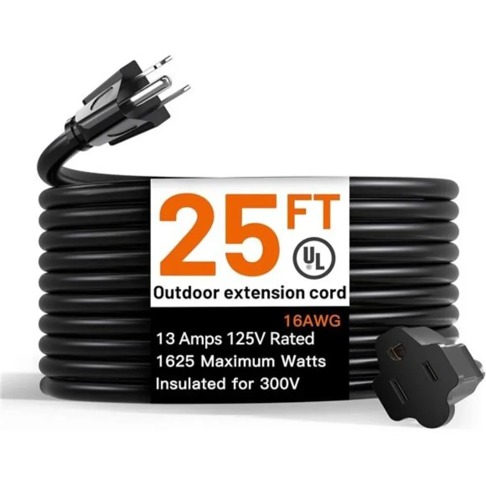 25 Feet Outdoor Extension Cord Waterproof Deep Black 16 AWG 3 Prong, Flexible